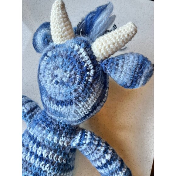 Hand Knitted Blue Striped Cow Toy Stuffed Animal Child’s Snuggle Gift - Picture 10 of 12